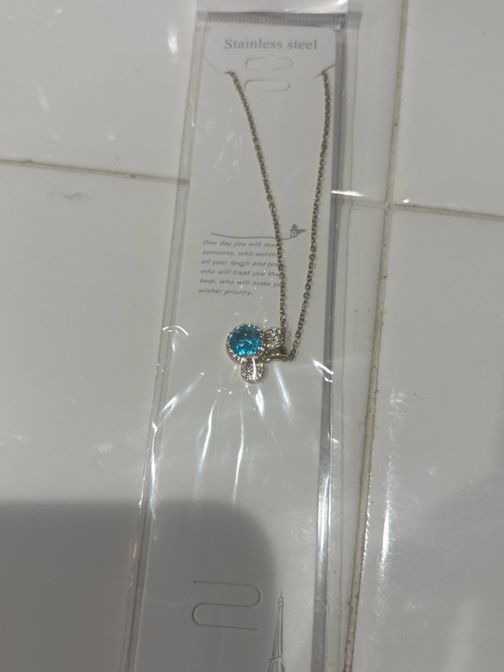 Stainless Steel Silver Necklace with Blue Crystal Pendant